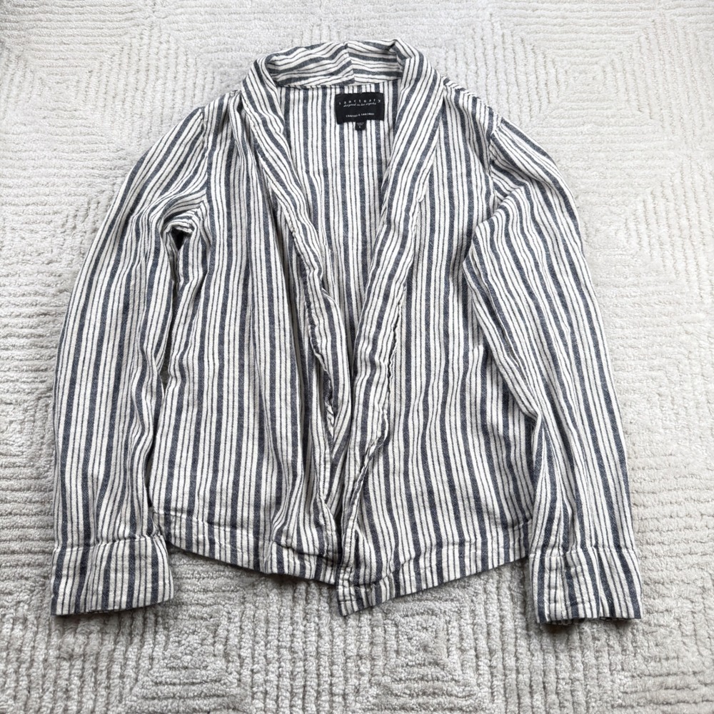 Sanctuary Open Front Jacket Women L Striped Linen Blazer Coastal Preppy Nautical